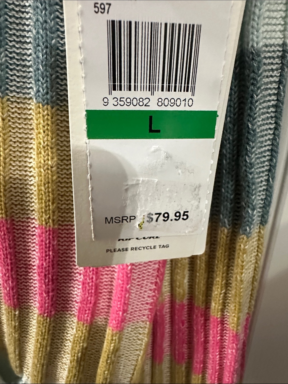Rip Curl Striped V-Neck Hoodie Sweater in Mint, Pink & Mustard - Picture 3 of 4